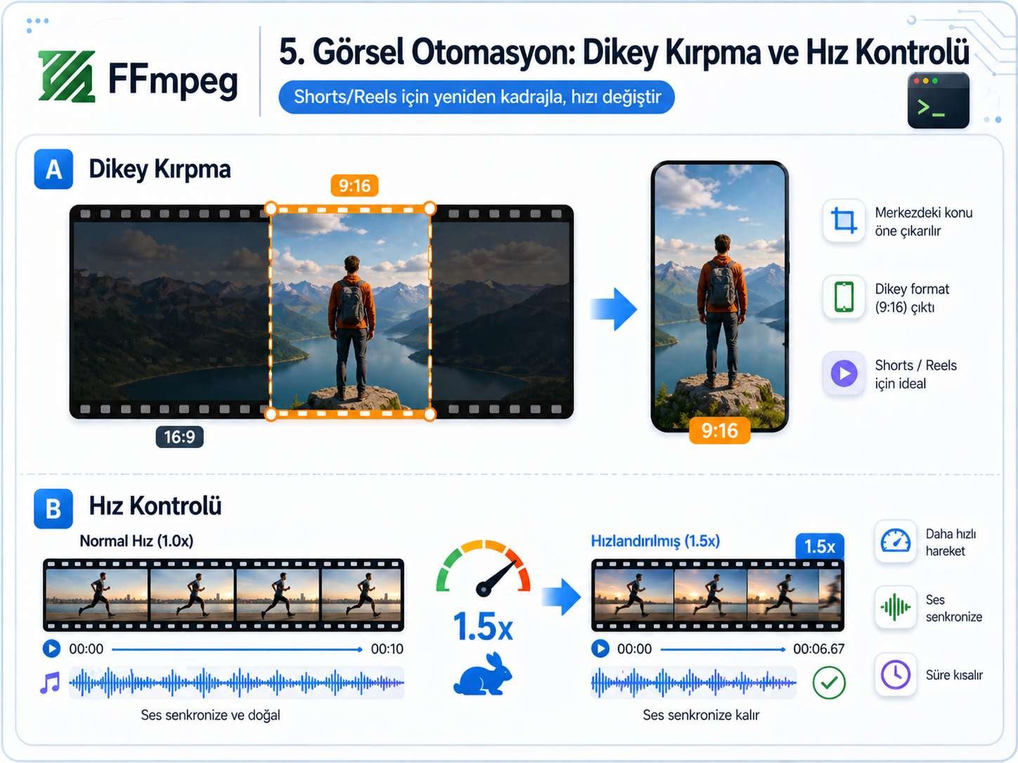 FFmpeg ile dikey kırpma ve video hız kontrolü görsel anlatımı